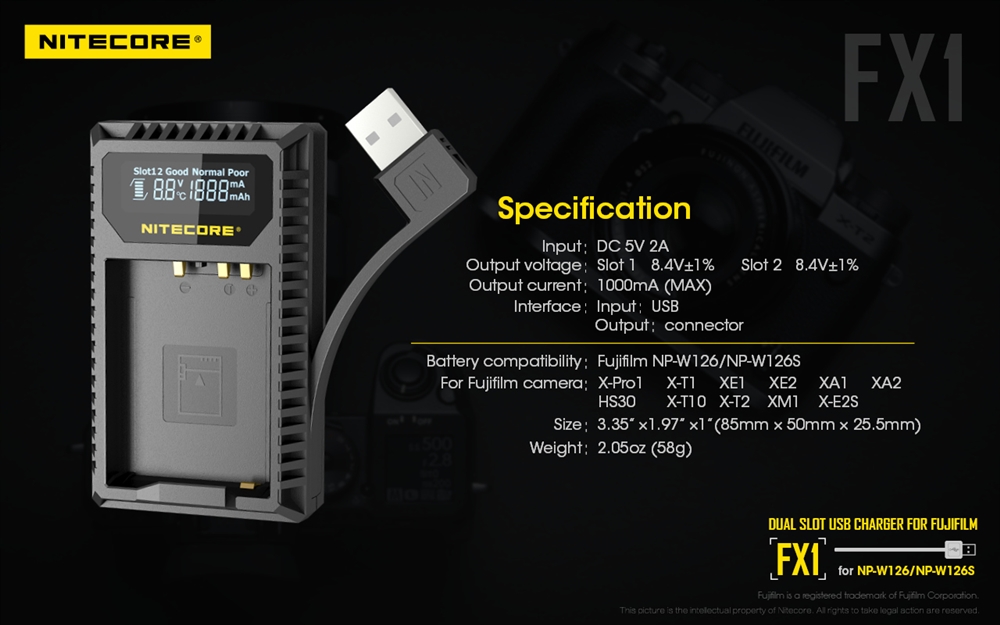 Nitecore USB Travel Charger for Fujifilm NP-W126 and NP-W126S