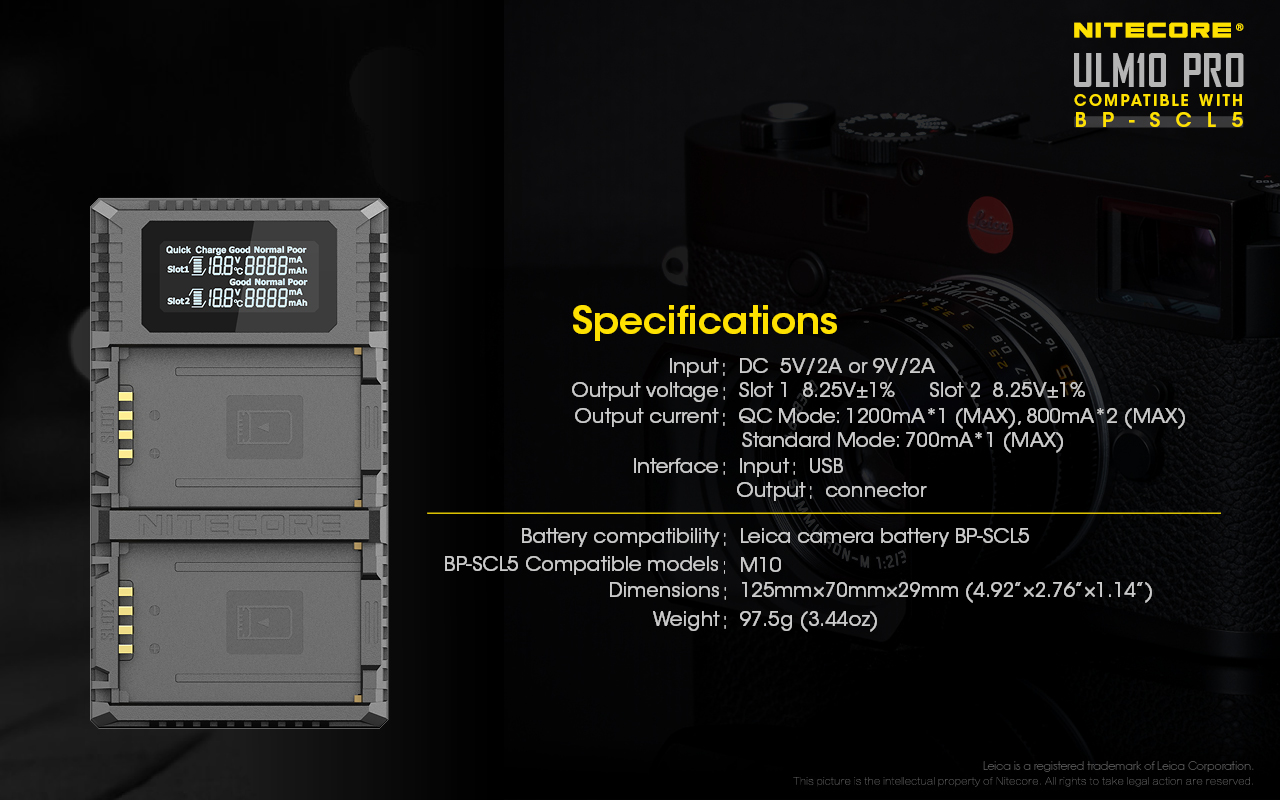 Nitecore USB Travel Charger for Leica BP-SCL5